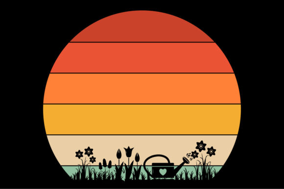 Retro Sunset Watering Flowers Clipart Graphics and Illustrations